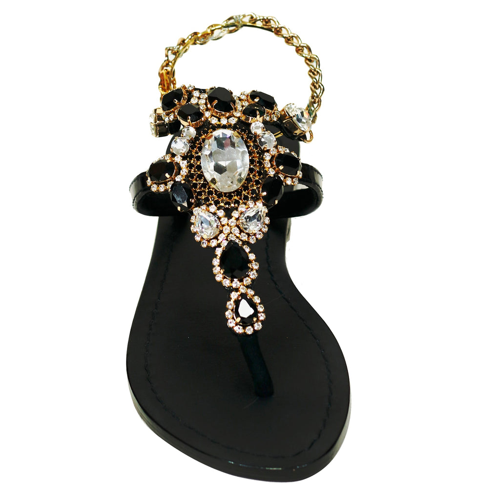 Black Gladiator Rhinestone Embellished Sandals Pasha Sandals - Main Image