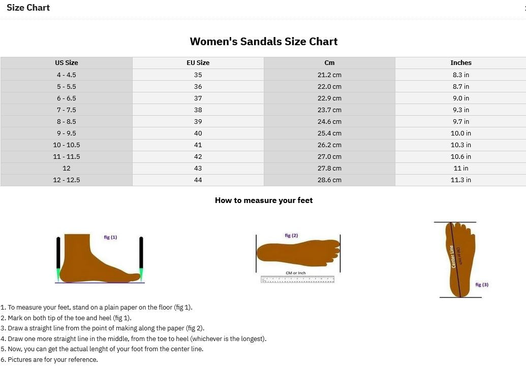 Size Chart - Pasha Sandals - Jewelry for your feet